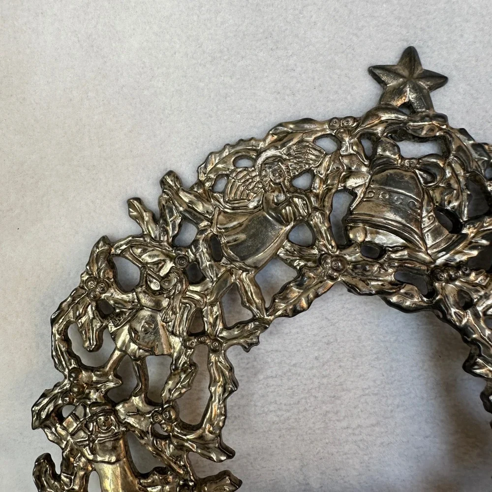 Vintage Silver Metal Christmas Wreath Wall Hanging Ornate Angel Bell Star Trivet